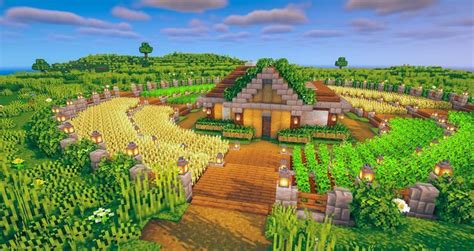 panoramica di un campo coltivato in Minecraft con diverse tipologie di piante