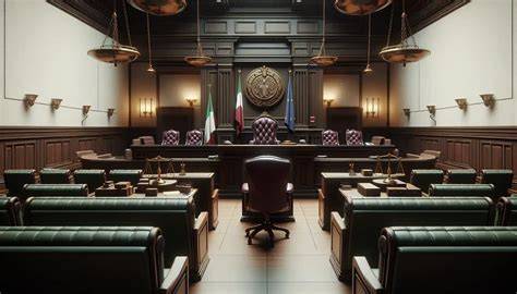 Ritratto stilizzato di un tribunale italiano con ombre che rappresentano il mistero del Mostro di Firenze