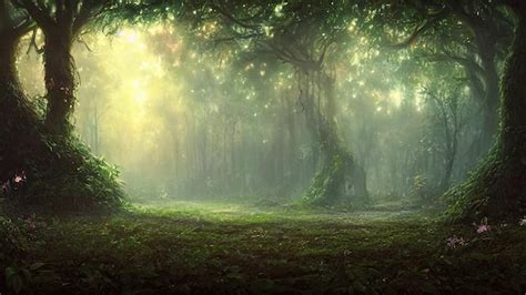 illustrazione fiabesca di una foresta magica con creature fantastiche