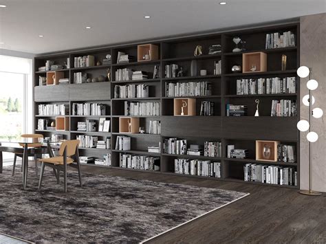 Schema di una libreria modulare a tutta parete con moduli chiusi e a giorno