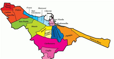 Mappa schematica dei quartieri di Bari con punti di interesse scolastico