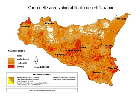 Mappa della Sicilia con aree a rischio desertificazione