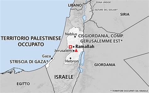 Mappa del Medio Oriente con evidenziati i territori palestinesi e israeliani