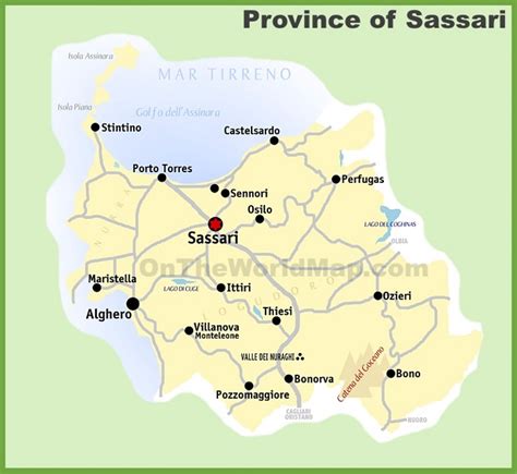 Mappa della provincia di Sassari con evidenziati i siti di interesse