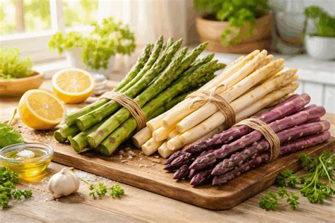 Tipi di asparagi (verdi, bianchi, viola)