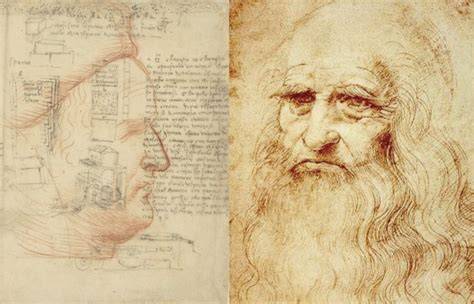 Ritratto del volto di Leonardo da Vinci circondato da schizzi di macchine volanti