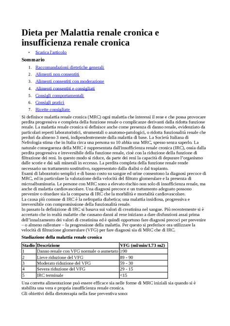 Tavola di alimenti consigliati e sconsigliati per la salute renale