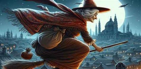 illustrazione classica della Befana che vola sopra un tetto innevato sotto la luna piena