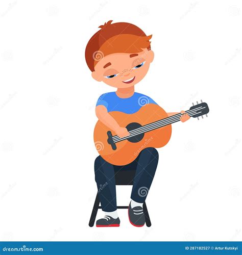 Illustrazione di un bambino che suona la chitarra su un palco, sotto i riflettori
