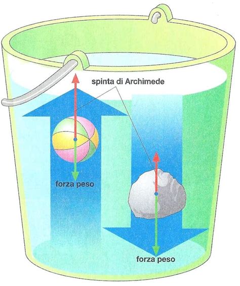 Illustrazione del Principio di Archimede con corpo immerso e acqua spostata