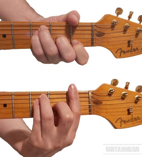 Dettaglio delle mani sulla chitarra che eseguono un accordo barrè