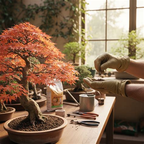 Bonsai con cestini per concime sul substrato