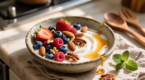 Vassoio con frutta fresca, yogurt e noci