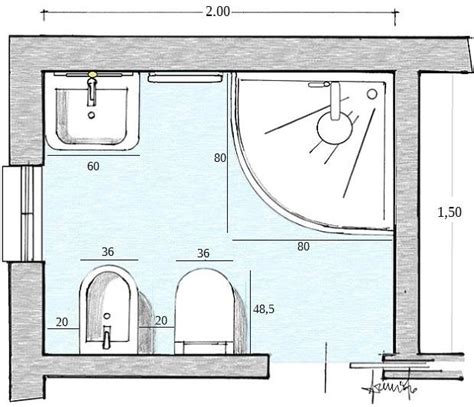 Pianta schematica di una cabina WC scolastica con indicazione delle dimensioni minime richieste dalla normativa.