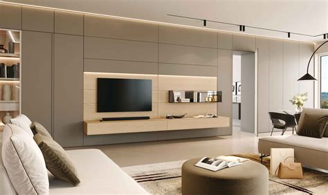 Interno di una casa moderna con Smart TV e cucina attrezzata