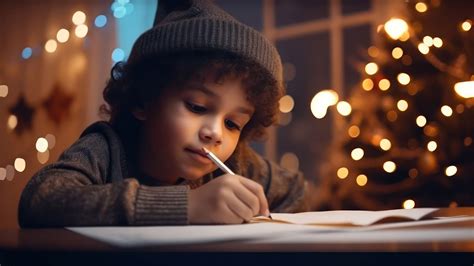 Bambino che scrive una letterina a Babbo Natale con l'albero illuminato sullo sfondo
