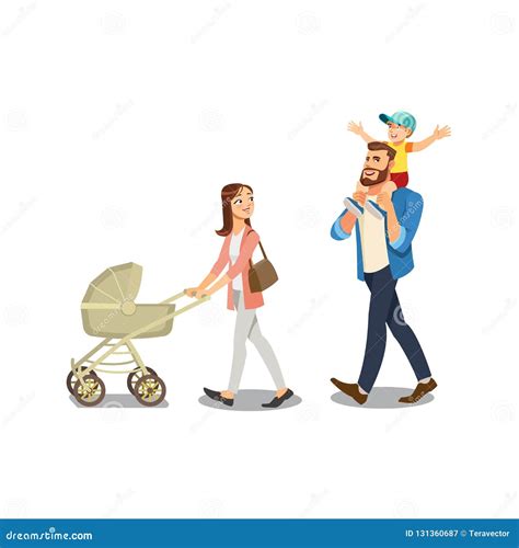 illustrazione di una famiglia che passeggia con un passeggino trio moderno in un parco cittadino