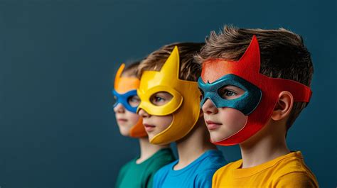 illustrazione stilizzata di bambini che indossano maschere da supereroe pronti per un'avventura