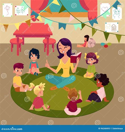 Maestra che interagisce con un gruppo di bambini