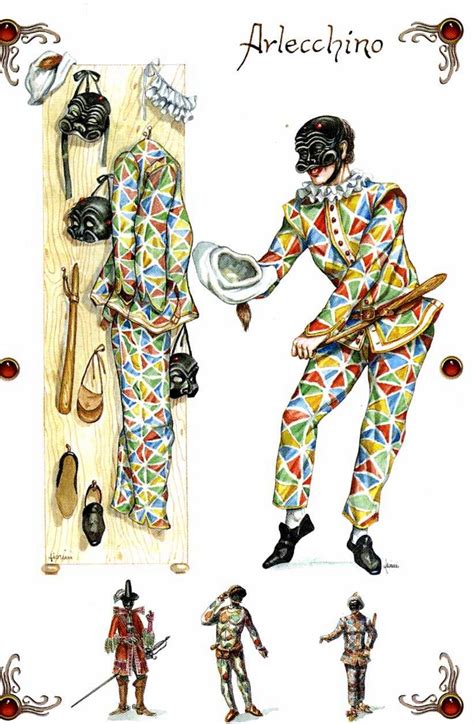 Un collage di immagini che rappresentano Arlecchino e i suoi costumi