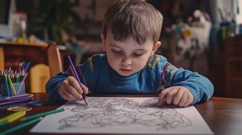 Bambino che colora con grande entusiasmo su un foglio con contorni semplici e ben definiti