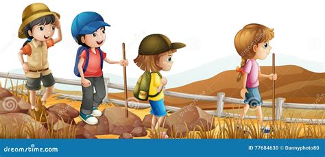 bambini che fanno trekking in montagna disegno