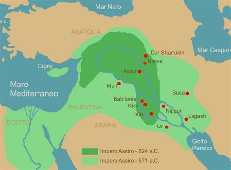 Mappa storica dell'espansione assira e delle rotte verso l'Egitto in epoca antica