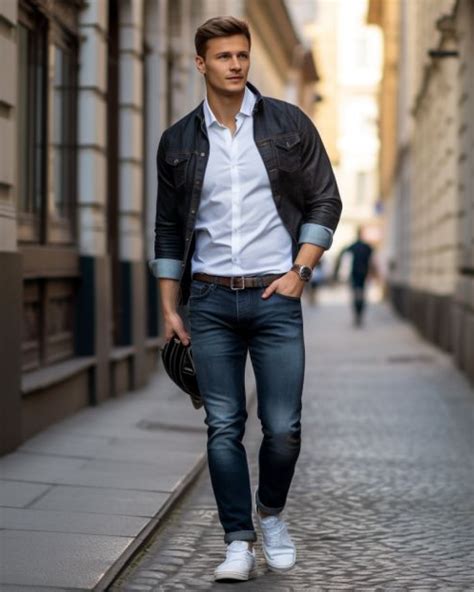 bambino con outfit casual: giubbino, jeans e sneakers
