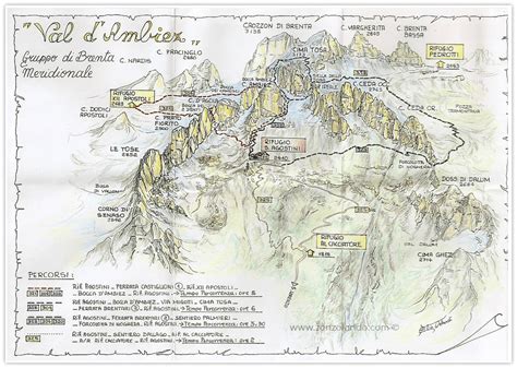Mappa schematica dei percorsi alpinistici nelle Dolomiti del Brenta