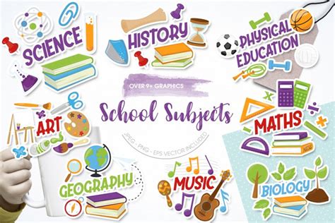Illustration of various school subjects in English on a blackboard