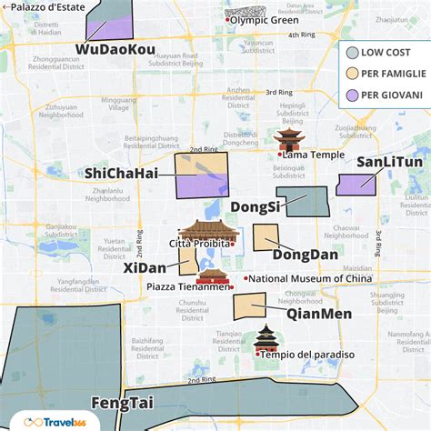 Mappa di Pechino con evidenziate le zone residenziali e i quartieri principali