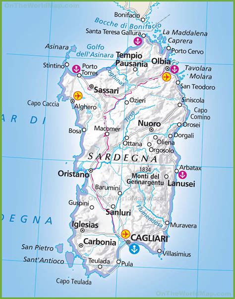Mappa della Sardegna con evidenziati Fertilia (Aeroporto di Alghero) e Badesi