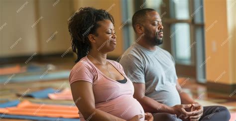 Pregnant woman and partner attending a prenatal class, learning breathing techniques