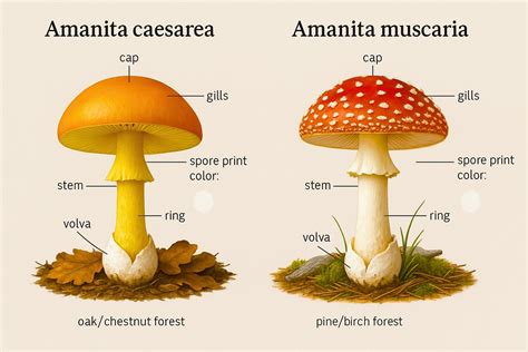 Illustrazione comparativa di Amanita muscaria e Amanita caesarea