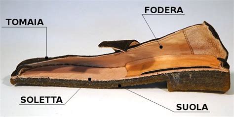 Schema illustrato che mostra le diverse parti di un sandalo: soletta, suola, contrafforte e fascette