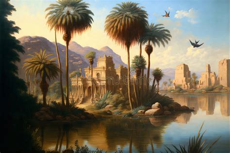 Panorama suggestivo del fiume Nilo con palme e templi antichi