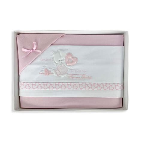 set lenzuolini tre pezzi in cotone con ricami per neonato