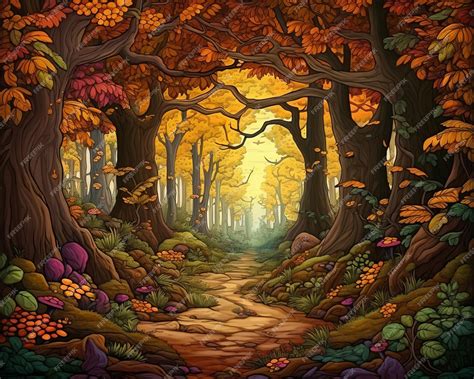 Illustrazione di un bosco incantato con personaggi fiabeschi