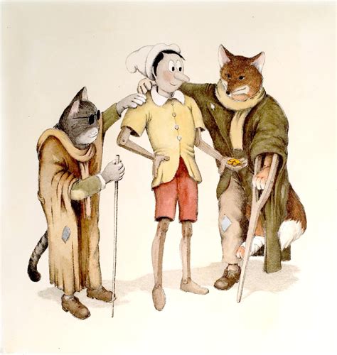 Illustrazione di Pinocchio che incontra il Gatto e la Volpe