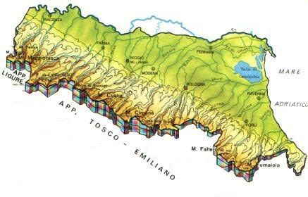 Mappa fisica dell'Emilia-Romagna con rilievi, fiumi e pianure