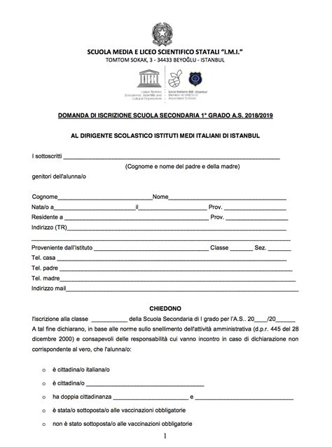 Documento di iscrizione a una scuola dell'infanzia