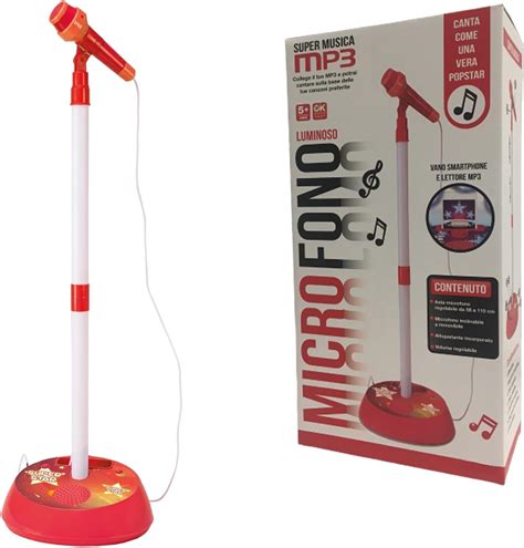 Schema di un microfono giocattolo con indicazioni delle funzionalità luminose e sonore