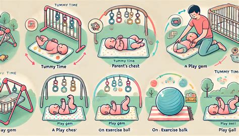 infografica che mostra le diverse posizioni per il tummy time in base all'età del neonato