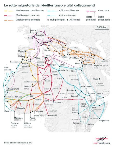 Mappa delle principali rotte migratorie nel Mediterraneo centrale